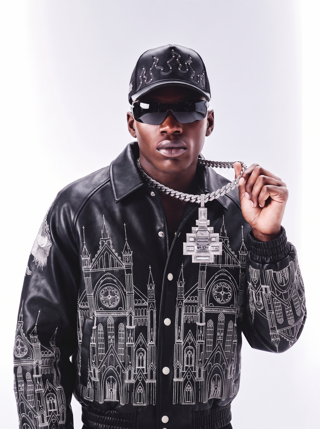 LEATHER FLAMES TRUCKER HAT IN BLACK
