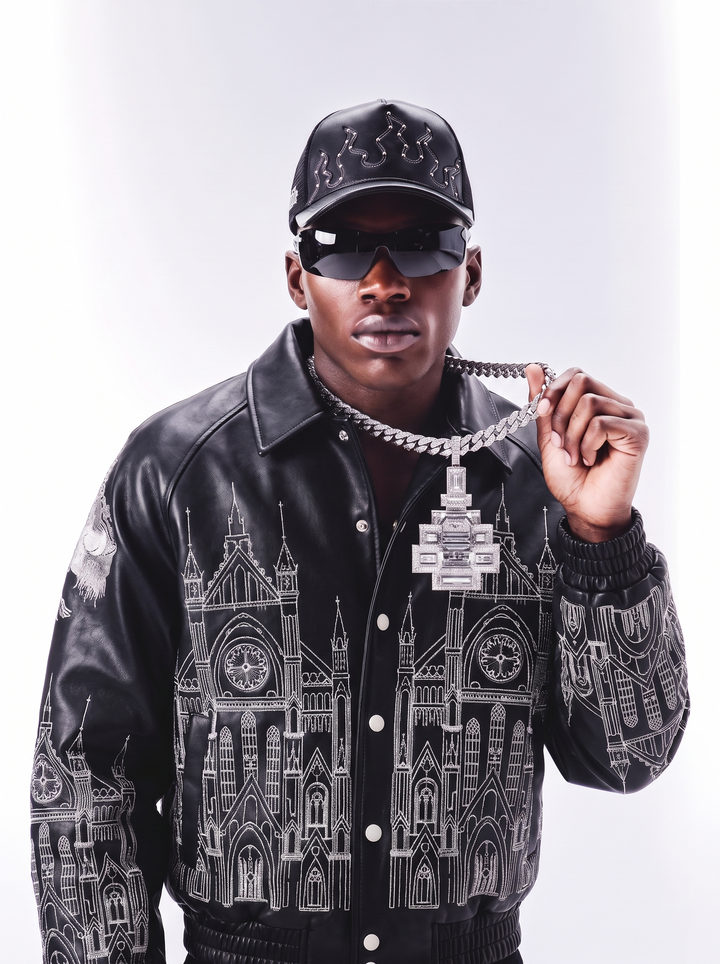 LEATHER FLAMES TRUCKER HAT IN BLACK