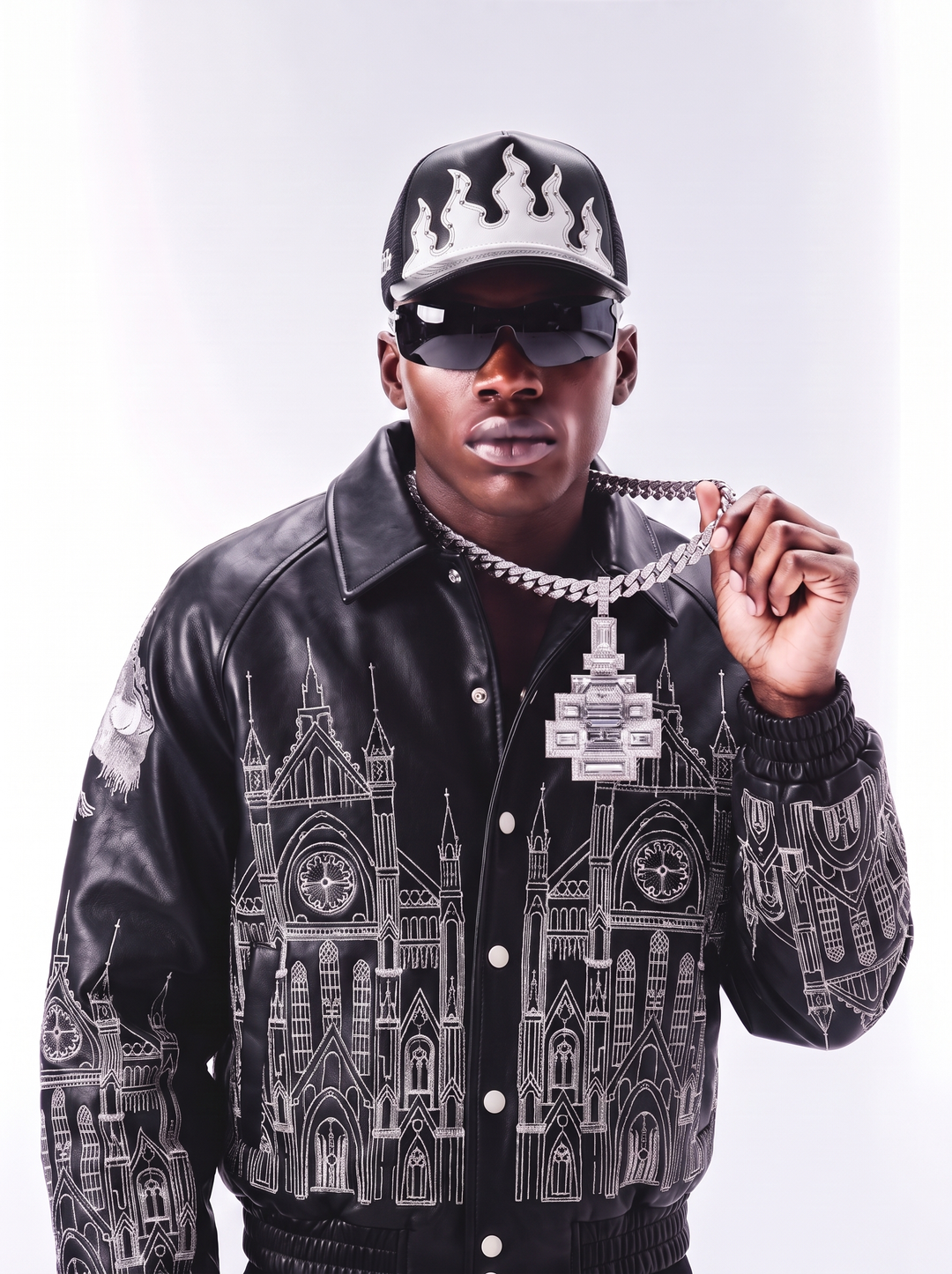LEATHER FLAMES TRUCKER HAT IN BLACK AND WHITE