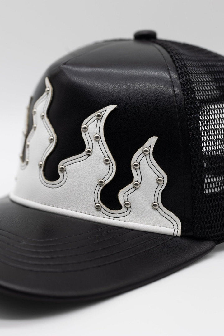 LEATHER FLAMES TRUCKER HAT IN BLACK AND WHITE - 2life